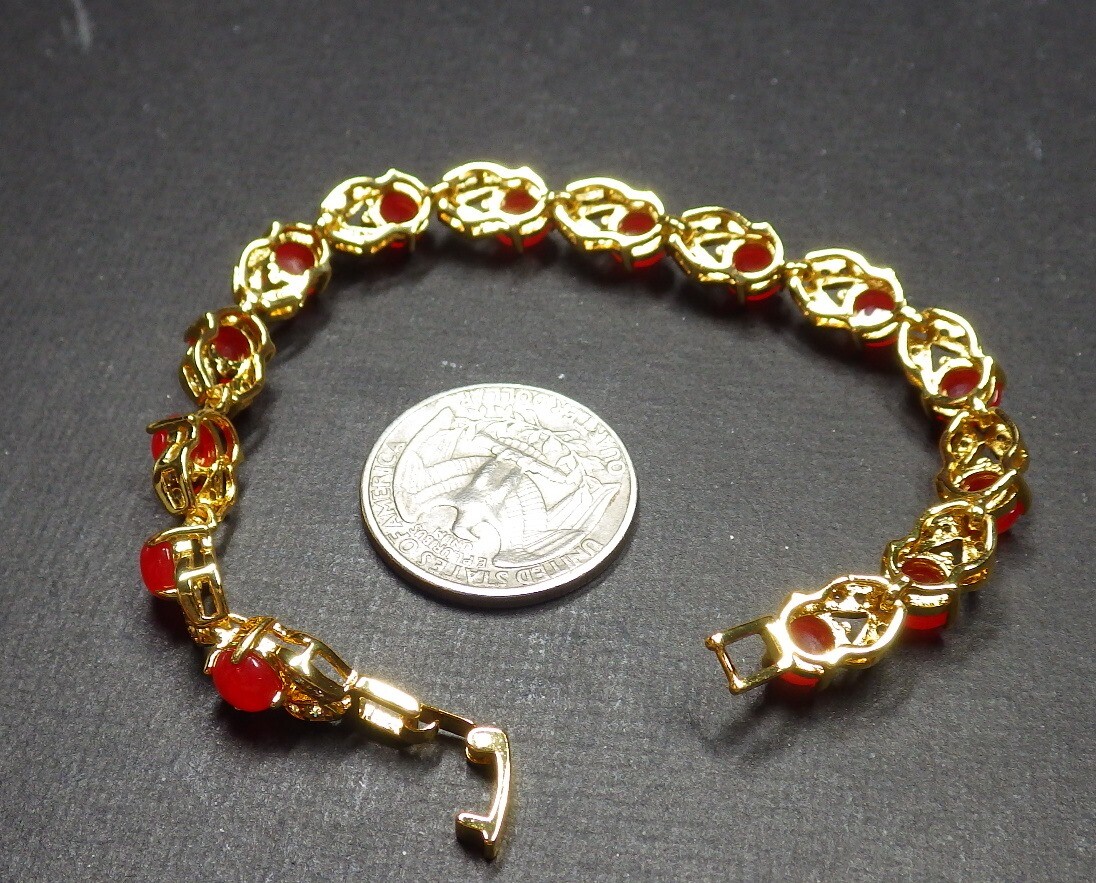 Yellow Gold Plate Red JADE Cabochon Bangle Bracelet Diamond Imitation 320681 US