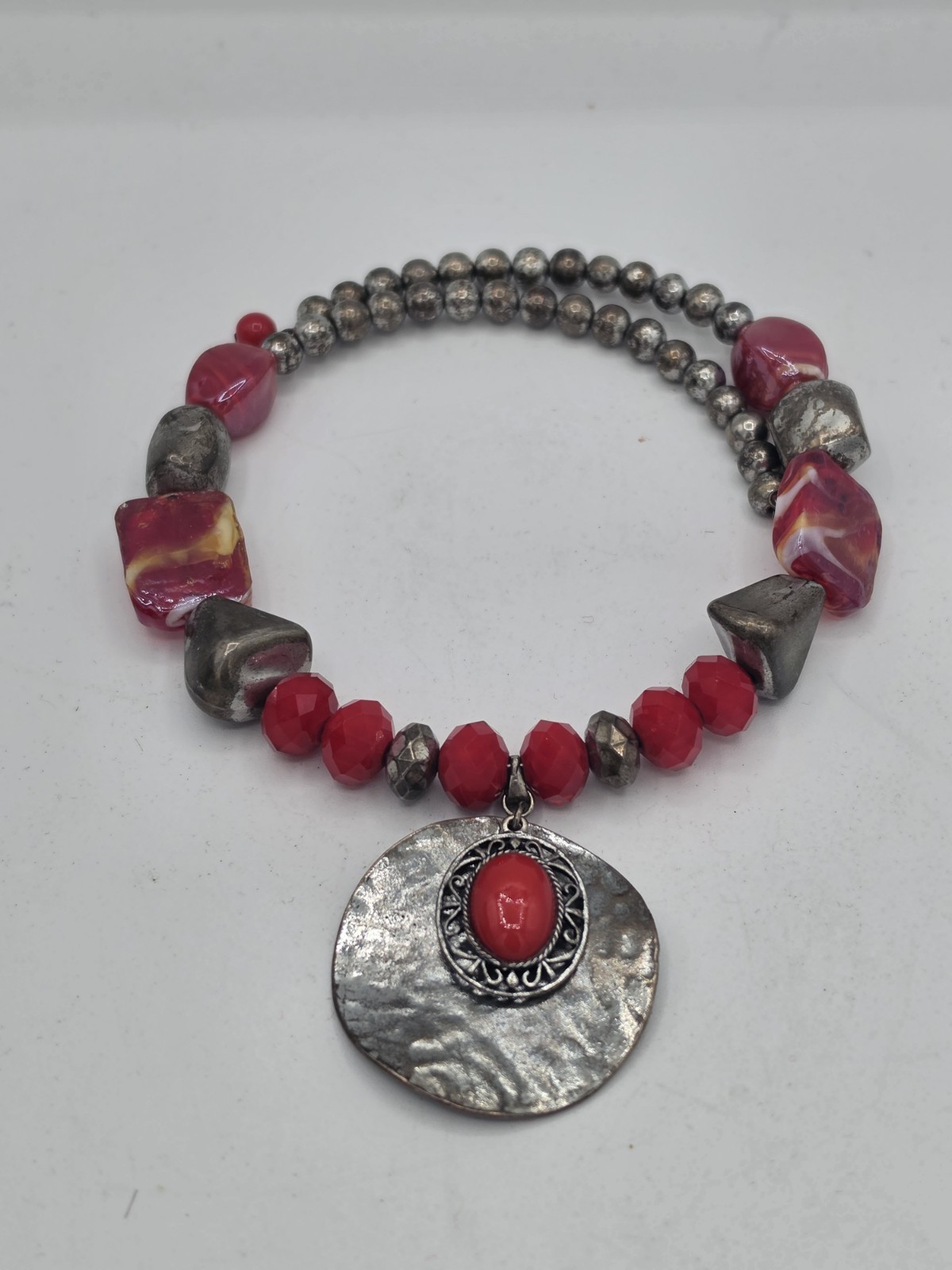 Boho Red Maroon Pendant Necklace Silver Tone Ethnic Statement 18”+Ext