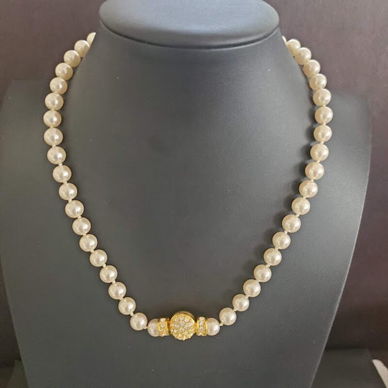 Nolan Miller Faux Pearl Necklace Crystal Button Clasp Gold Tone Convertible