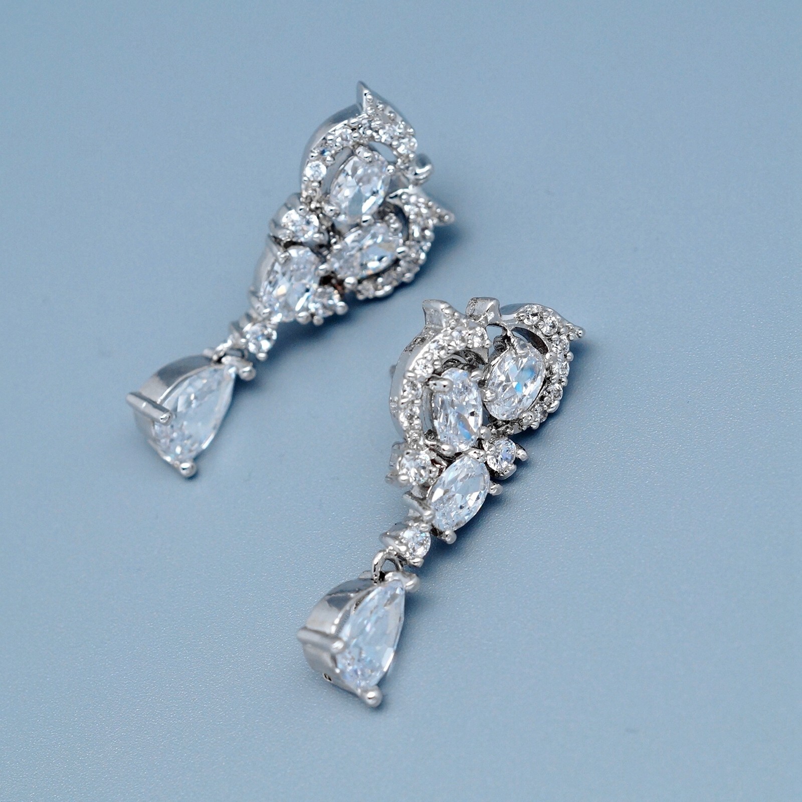 Women White Gold Plated Clear Cubic Zirconia Wedding Teardrop Dangle earrings 45