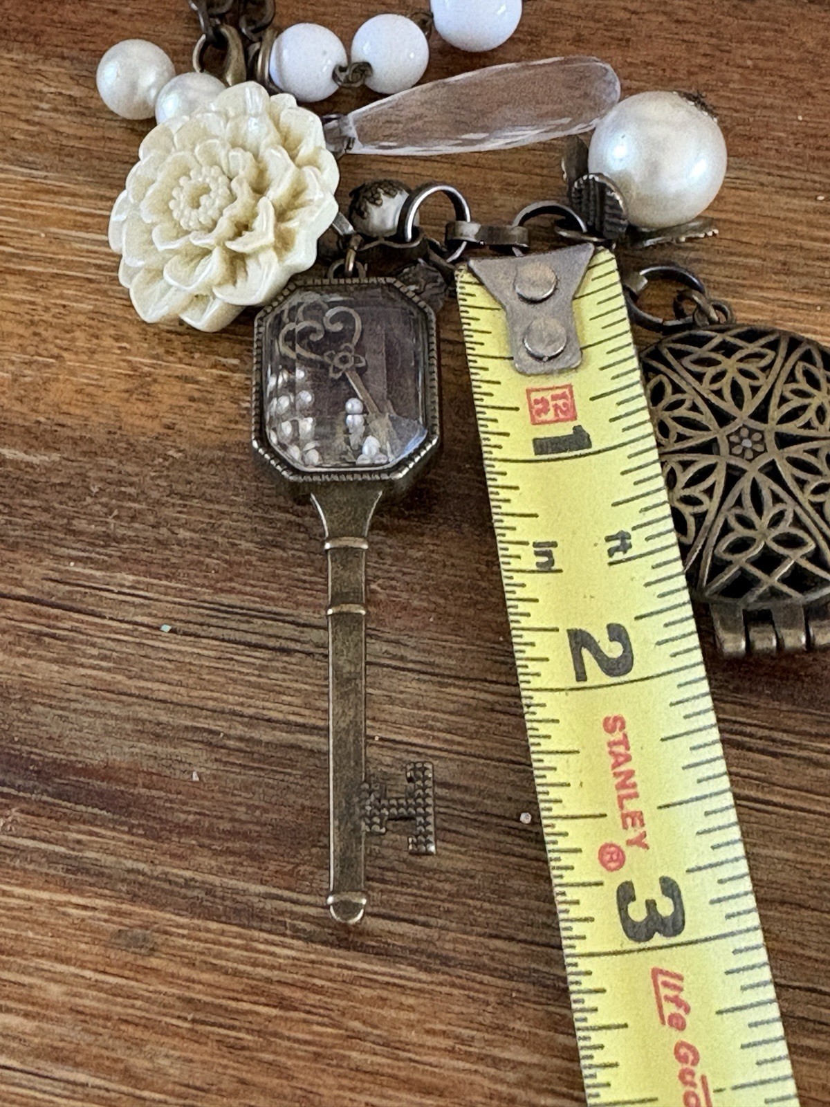 Plunder Statement Charm Necklace Key Locket Flower Faux Pearl + Floral Choker