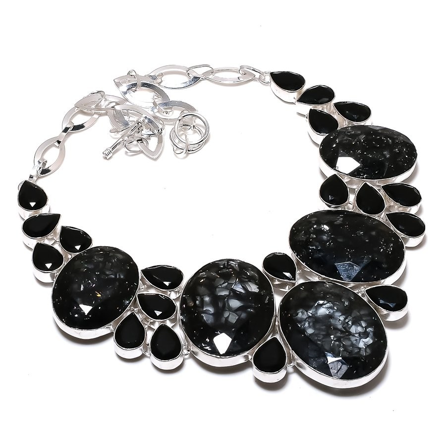 Crack Crystal Black Spinel Gemstone Necklace Handmade Chain Jewelry 18″ BN 7633
