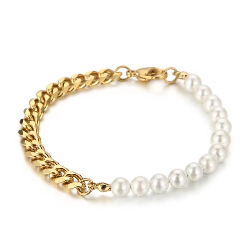 Gold Miami Cuban Link Chain Pearl Bracelet Trendy Jewelry Stainless Steel 8.6″