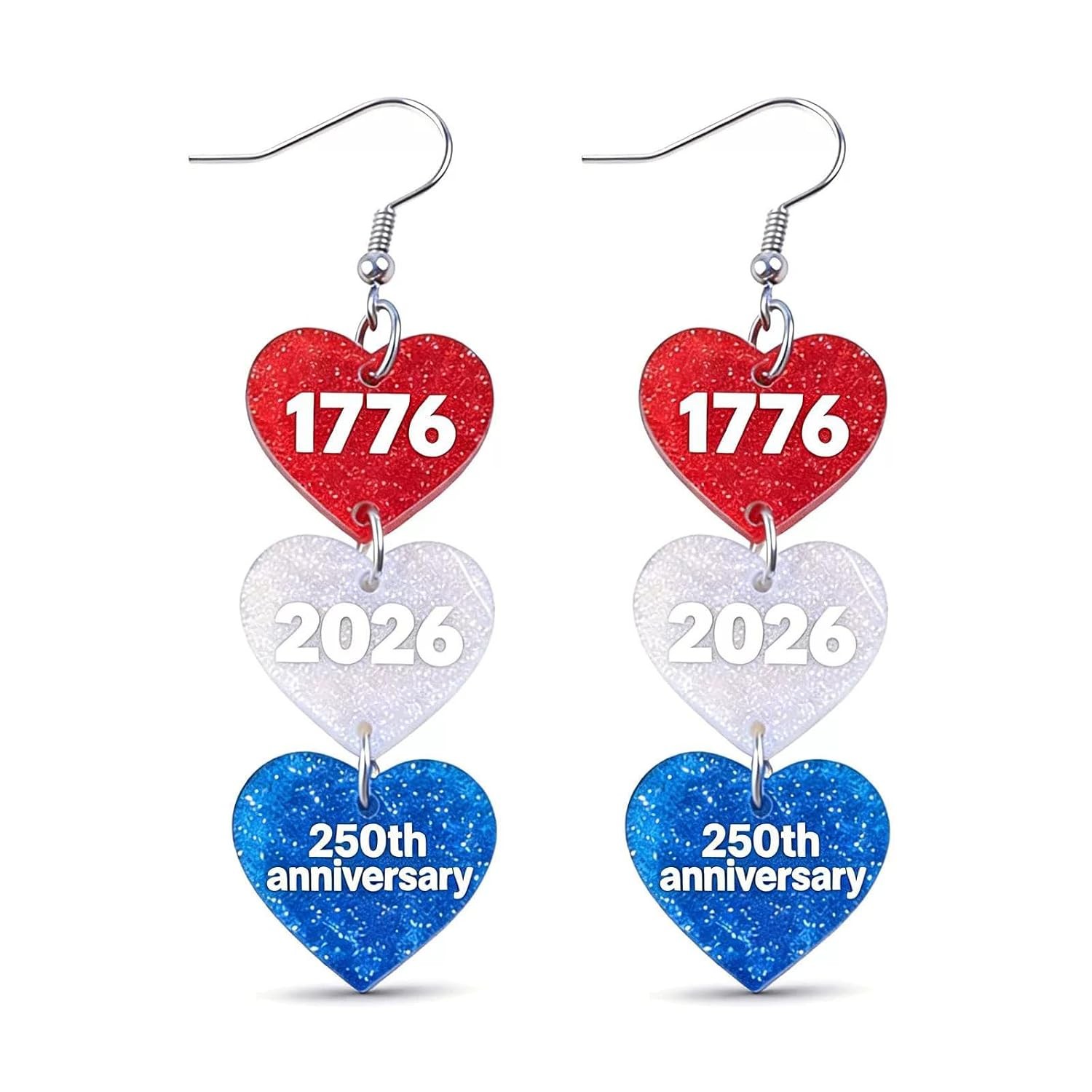 250th Anniversary Patriotic Earrings for Women, USA Flag Glitter Acrylic Dangle