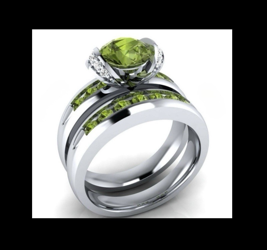 Exquisite Olive Green Peridot CZ Ring & Band Size 10 Set