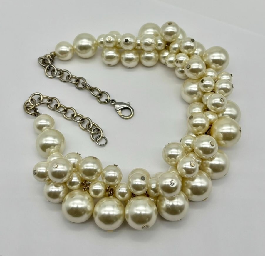 Faux Pearls Cluster Statement Collar Necklace Cream Silver-Tone Adjustable Clasp