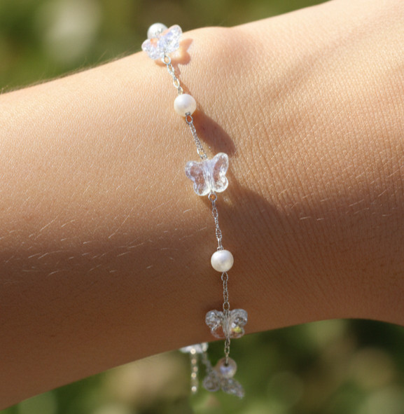Handmade 925 Silver Plated Brass Anklet Women Minimalist Butterfly Charm Pearl