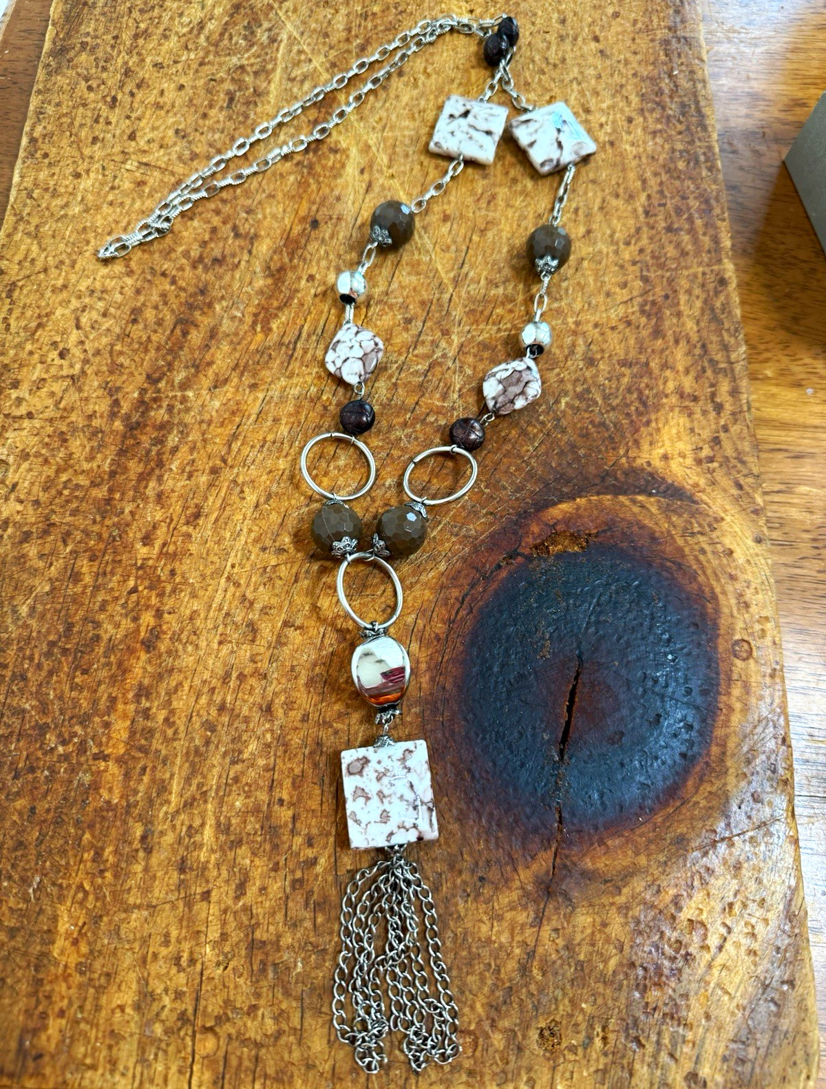Silver Tone Boho Beaded Lariat Necklace Square Tassel Pendant Adjustable