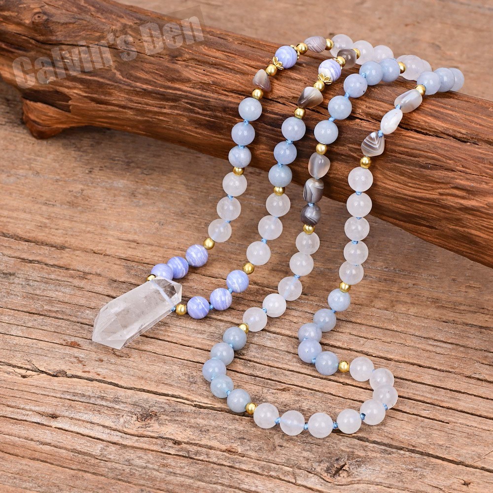 Angelite Milky Quartz Blue Lace Agate Banded Bead Necklace Crystal Point Pendant