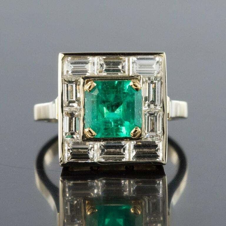 Claw Set Square 1.62CT Emerald Surrounded By Ten Baguette Cut 1.96CT CZ Ring