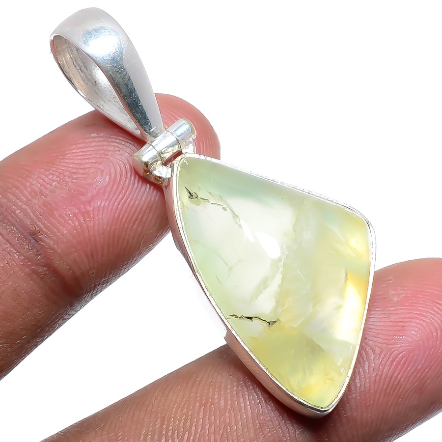 African Prehnite Gemstone 925 Silver Plated Jewelry Pendant 1.77″ T80