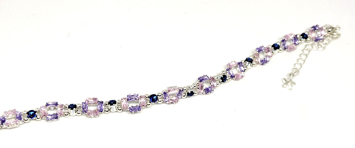 7 1/2 inch Bracelet Box Shape- Pink,Lavender 2x4mmCZ-3mm Royal Blue Round Beads.