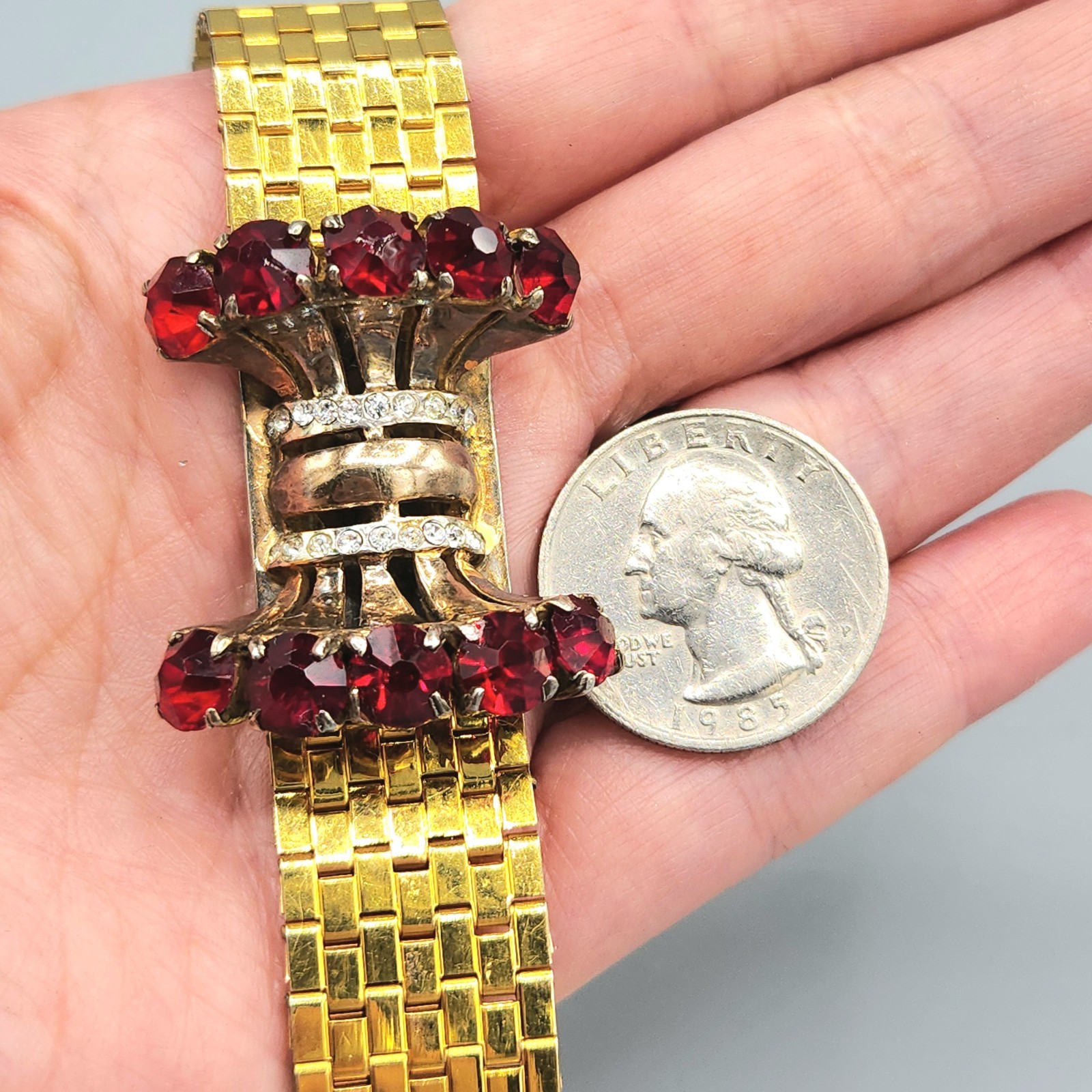 Unsigned Reinad Retro 12K GF Red Paste Crystal Brick Link Cuff Bracelet 6.5″