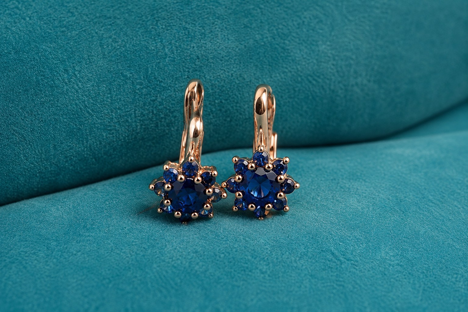 Blue Crystal Flower Earrings | Rose Gold Tone | New