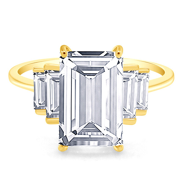 5 Stone Engagement Ring Emerald Cut Cubic Zirconia 14K Yellow Gold Plated Silver