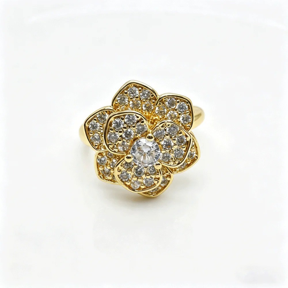 Luxury White Camellia Zircon Ring for Women – Silver Plated Floral Statement