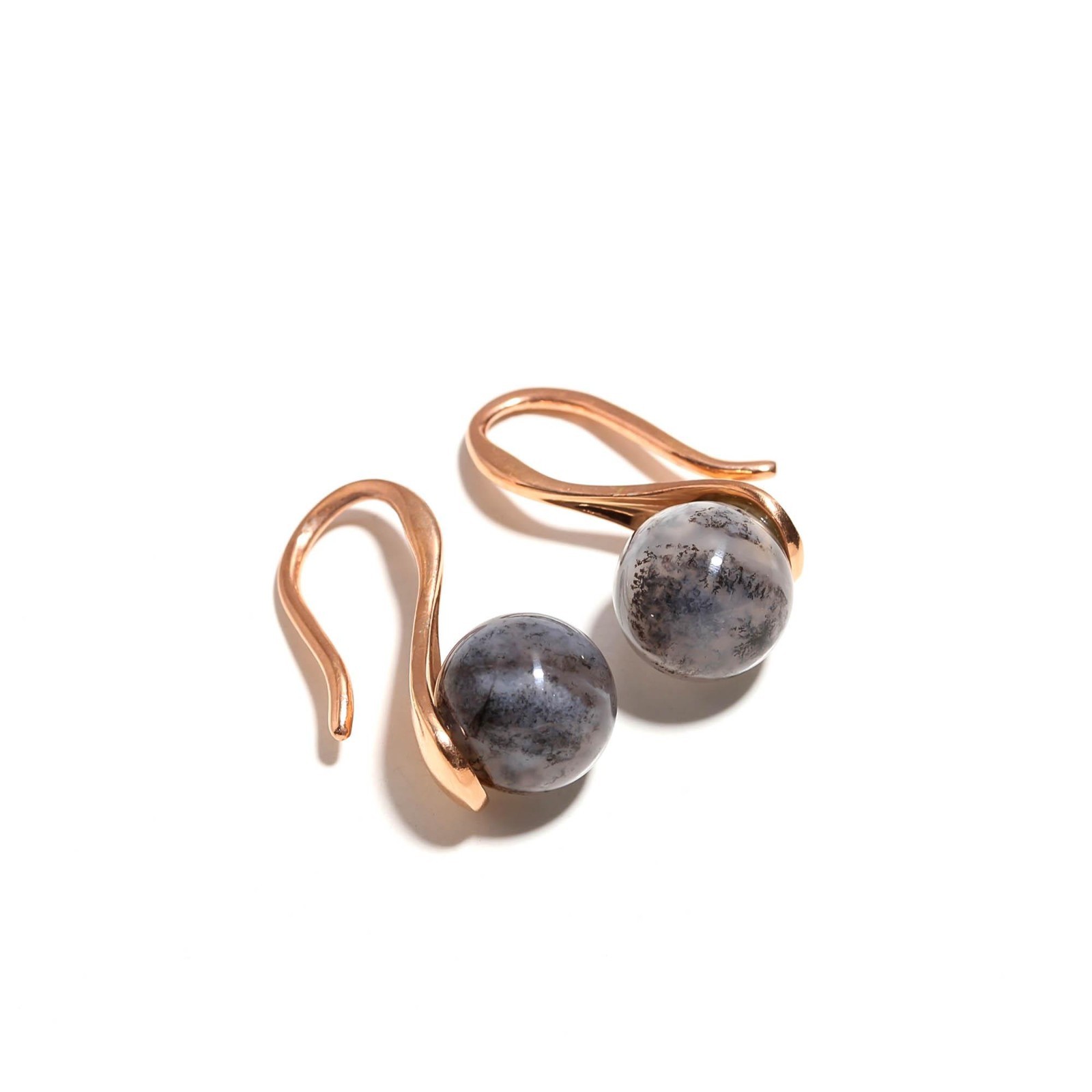 Natural Dendrite Opal Ball Dangle Earrings Rose Gold Plated Solid Silver Jewelry