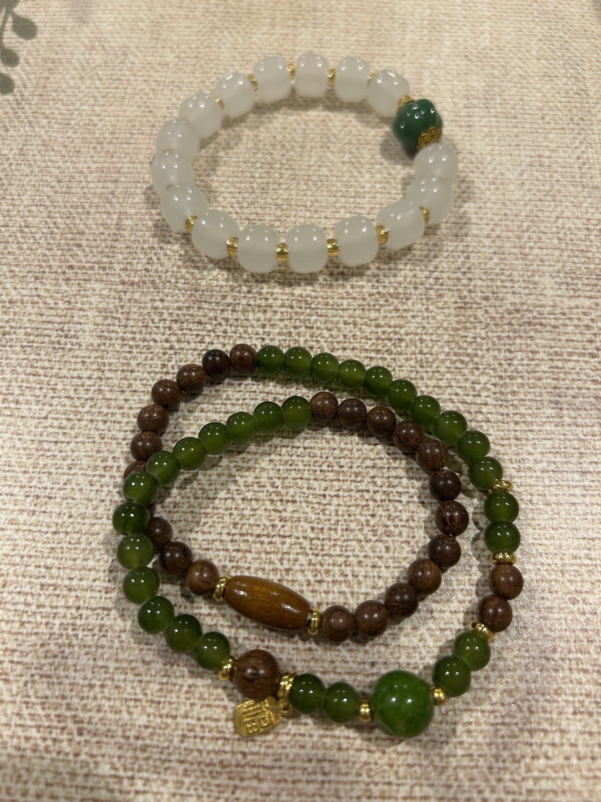 Green White Brown Gold Beaded Stretch Bracelets Set, Round Stone Beads