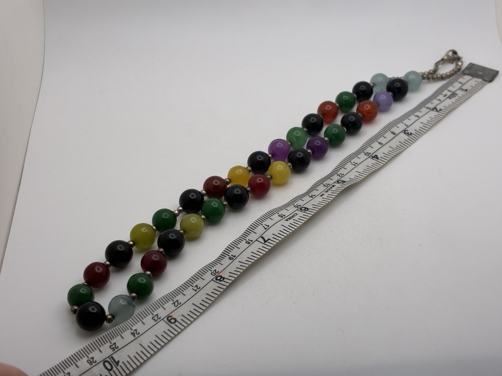 Multi Color Glass Beaded Necklace Silver Tone Clasp 20” Yellow Green Black Red