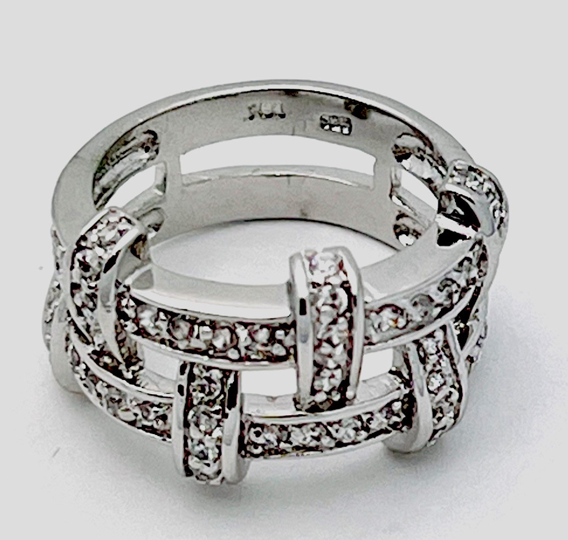 Sterling Silver 925 6.9 Gram 2 Row Basketweave 50 CZ  Size 6 1/2