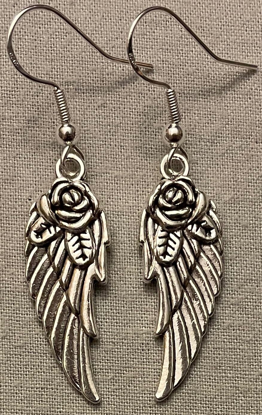 ROSE WINGS EARRINGS – Pewter w/Sterling Silver Ear Wires BIRD ANGEL FAIRY ICARUS