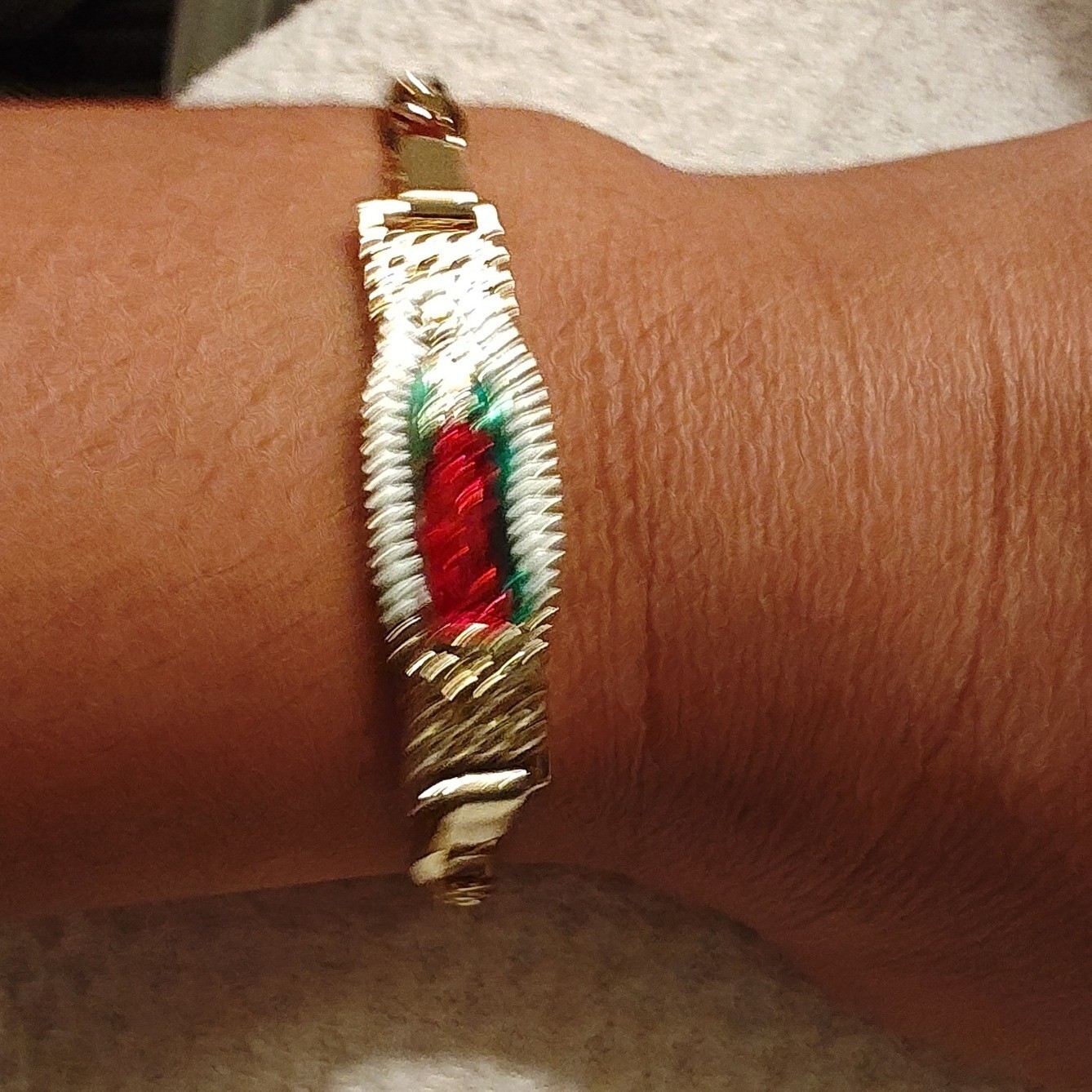 Bracelet Gold Virgin of Guadalupe 18K Plated Figaro Link Italy 750 Enamel