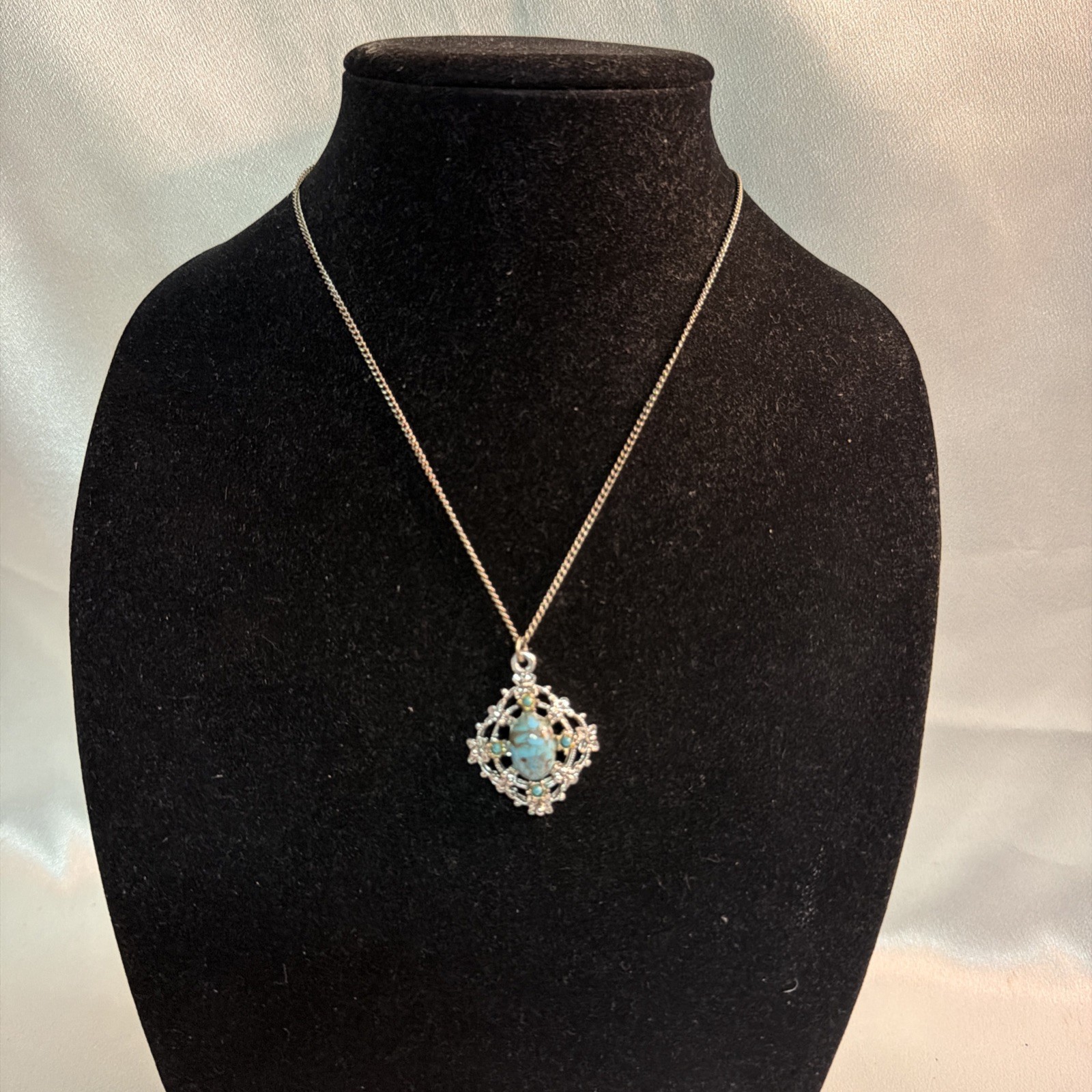 Turquoise And Silver Colored Pendant Necklace 18 Inches Long