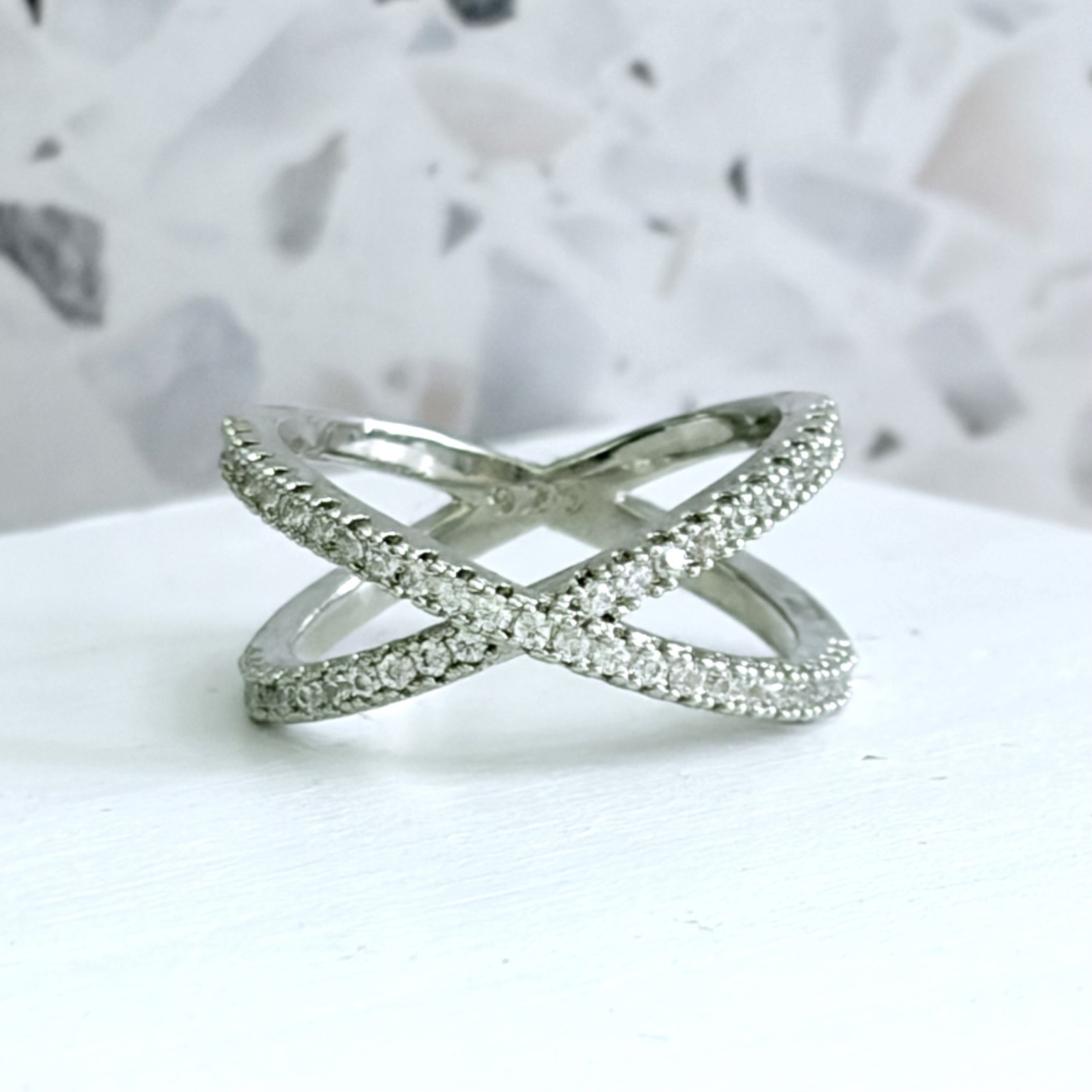 Crisscross Pave Set 14k White Gold 925 S.S. Simulated Sapphire Women’s Ring