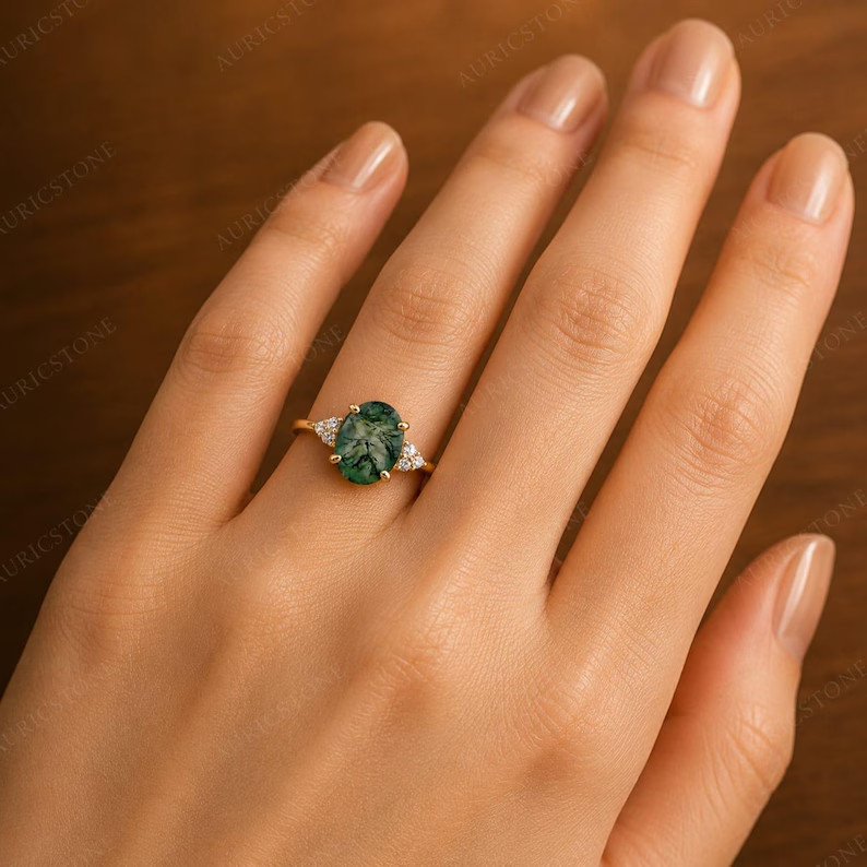 Lab Created Green Moss Agate Ring, Base Metal: Brass Finish: Gold Plated