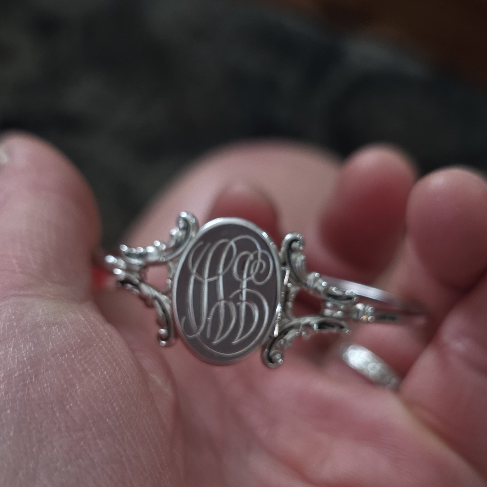 Childs Avon Silver Oval Locket Bangle Bracelet Monogram Signed Hook Closure