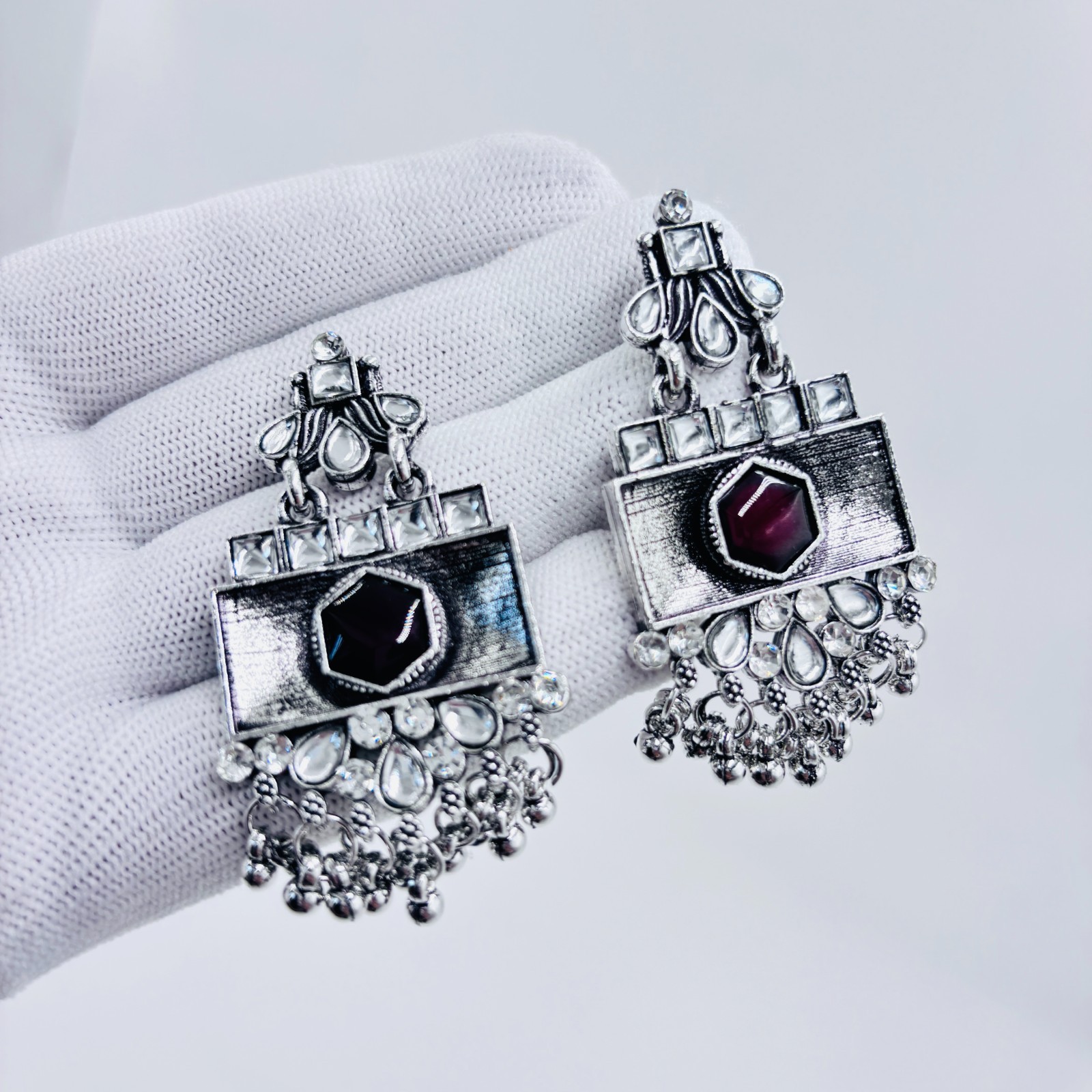 Oxidized Silver Plated Statement Dangle Earrings with Artificial Stones jewelry