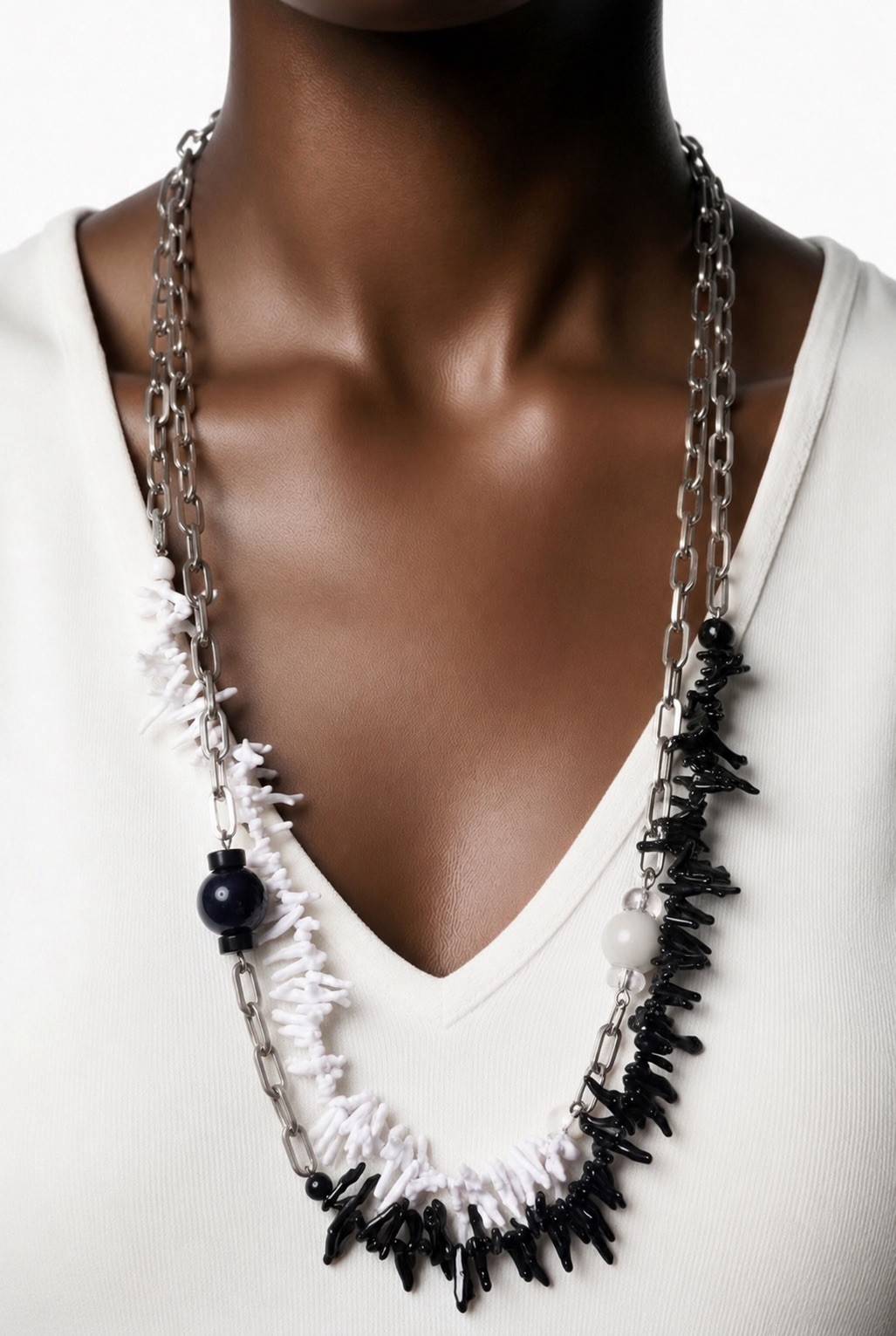 Furla two set long statement necklace, black and white, silver colour chain