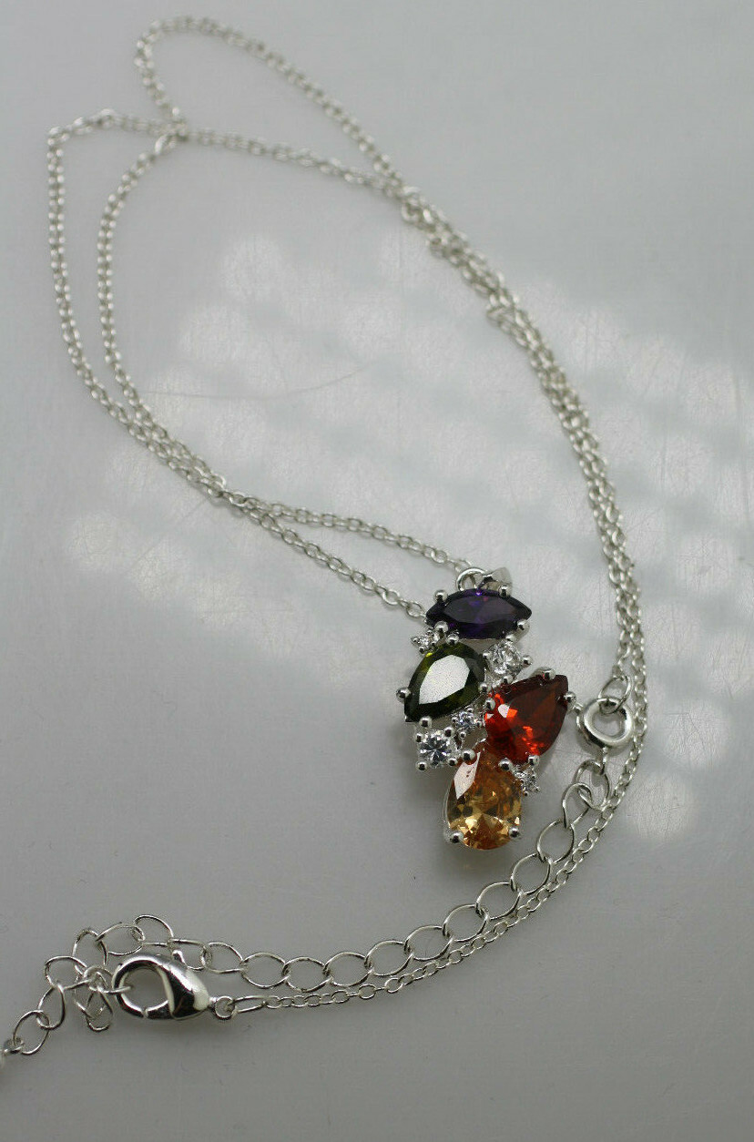 NVC glam bold colorful red purple green silver tone pendant chain necklace 16″