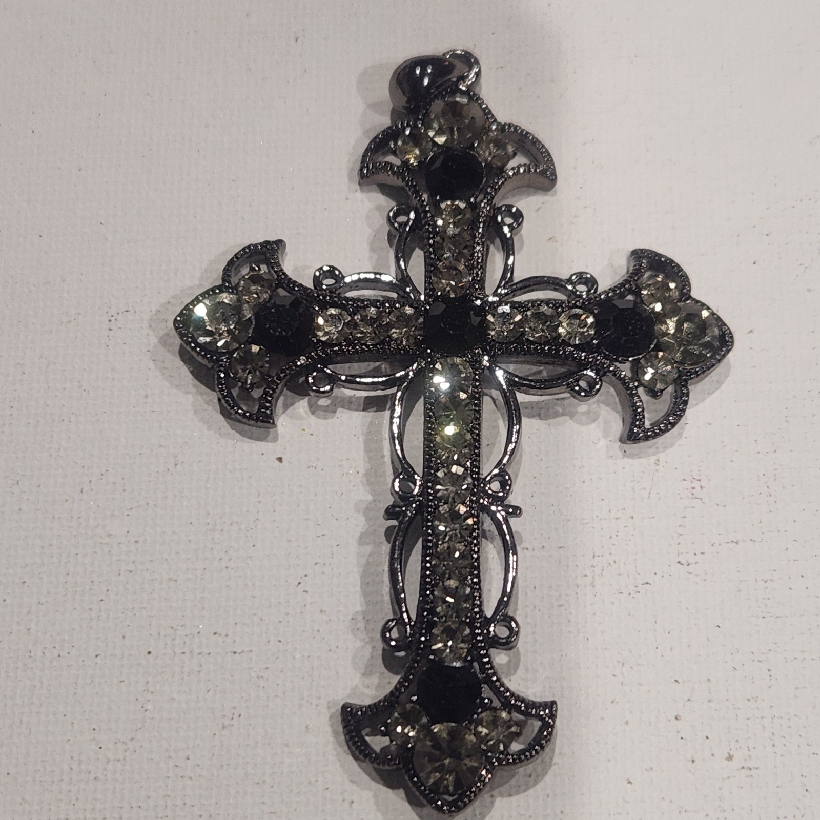 Cross Pendant Gothic Gunmetal Rhinestone Black Clear Crystal Ornate Fleur De Lis