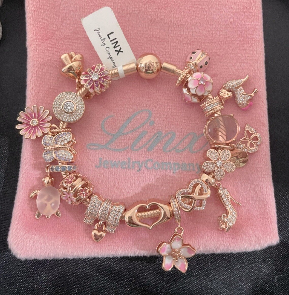 Linx Rose Gold Snake Chain Bracelet with Rose Gold and Pink Themed Charms