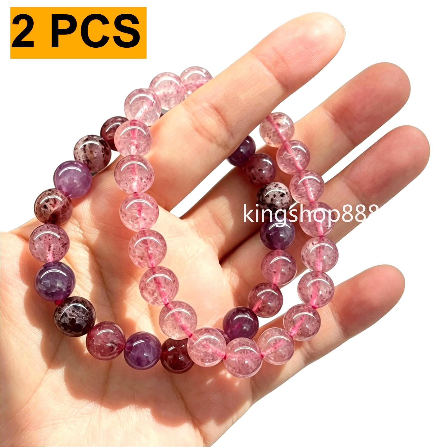 2PCS Natural Strawberry & Super Seven Mixed Crystal Beaded Bracelet Jewelry 9mm