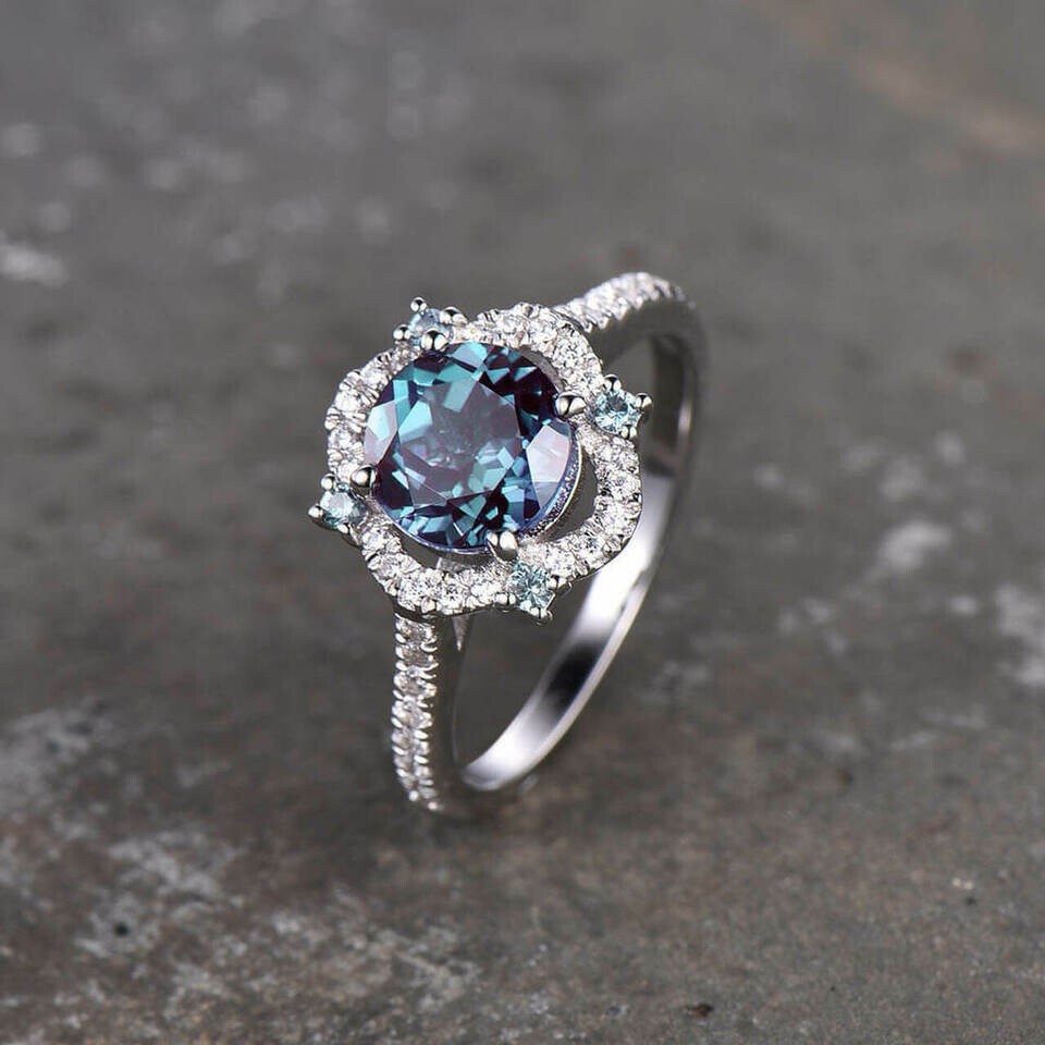 Lab-Created 2Ct Round Alexandrite Engagement Ring 14K White Gold Plated Silver