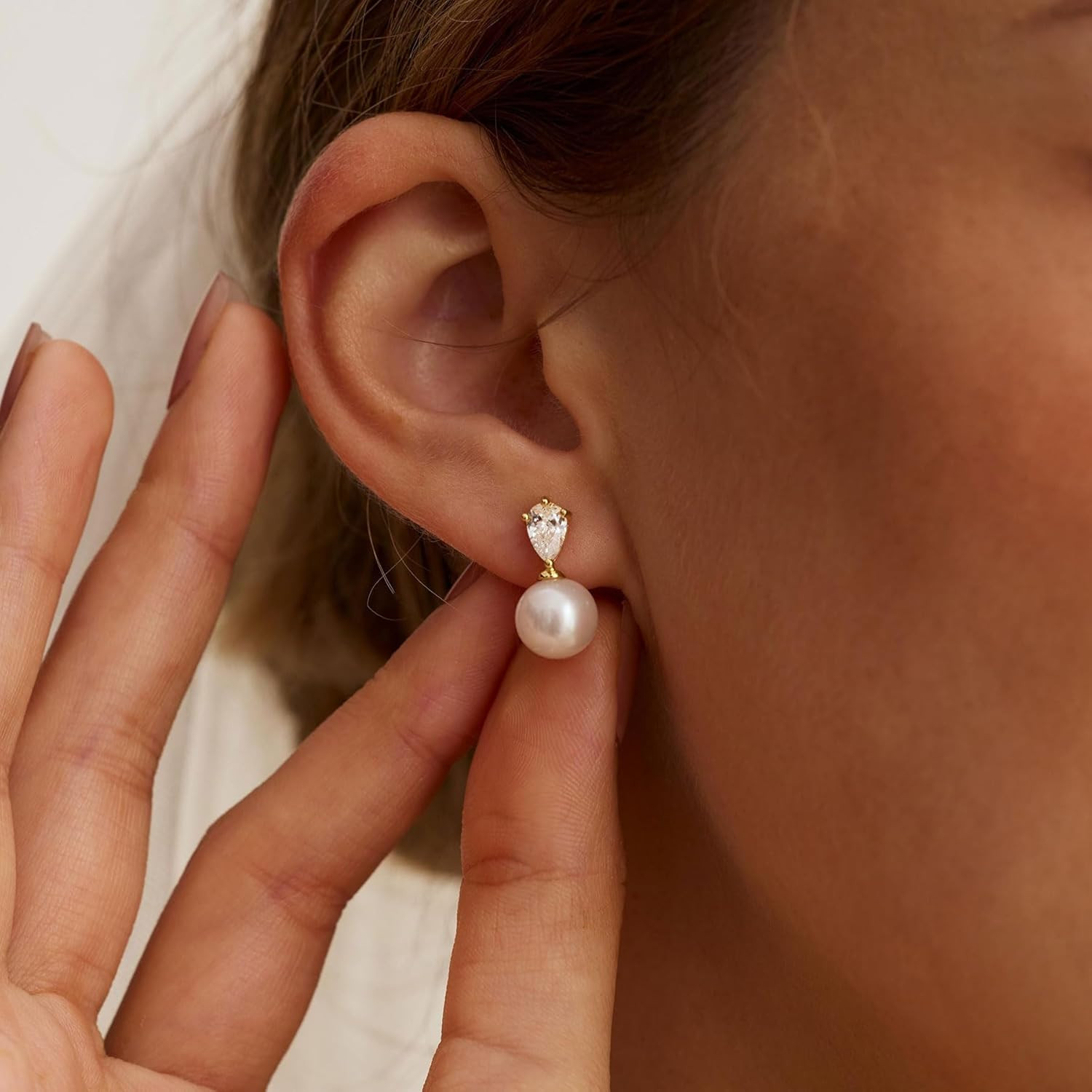 Pearl Earrings for Women, Dainty Wedding Bridal Earrings 14K Gold Plated CZ Pear