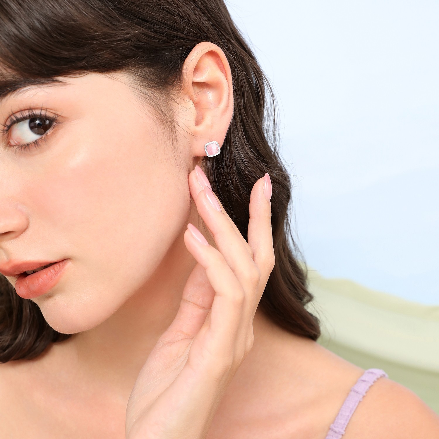 Meissa S925 Silver Square Studs Earrings Pink Blue White Green Geometric Jewelry
