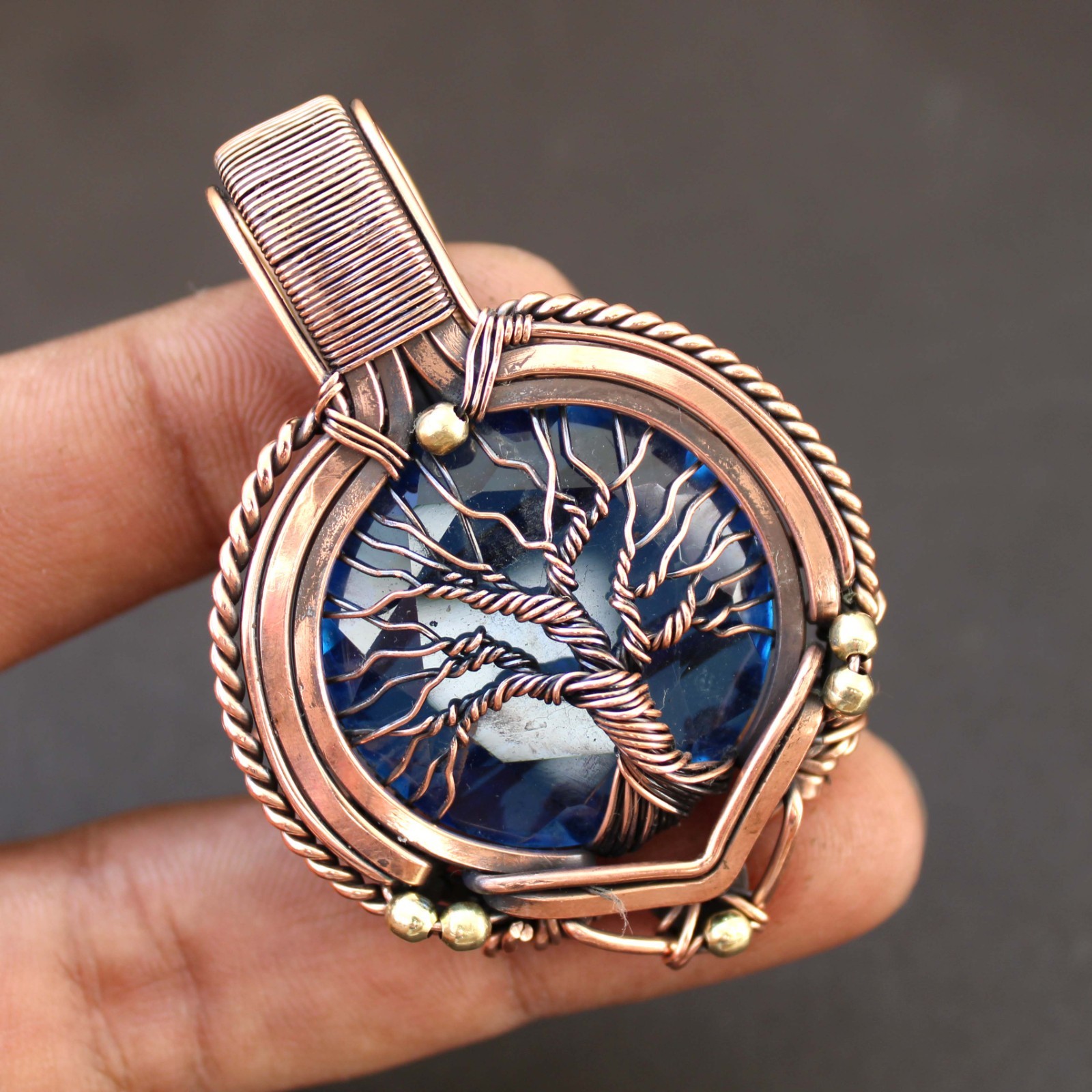 Blue Topaz Copper Wire Wrapped Tree Of Life Pendant With Chain Handmade Jewelry