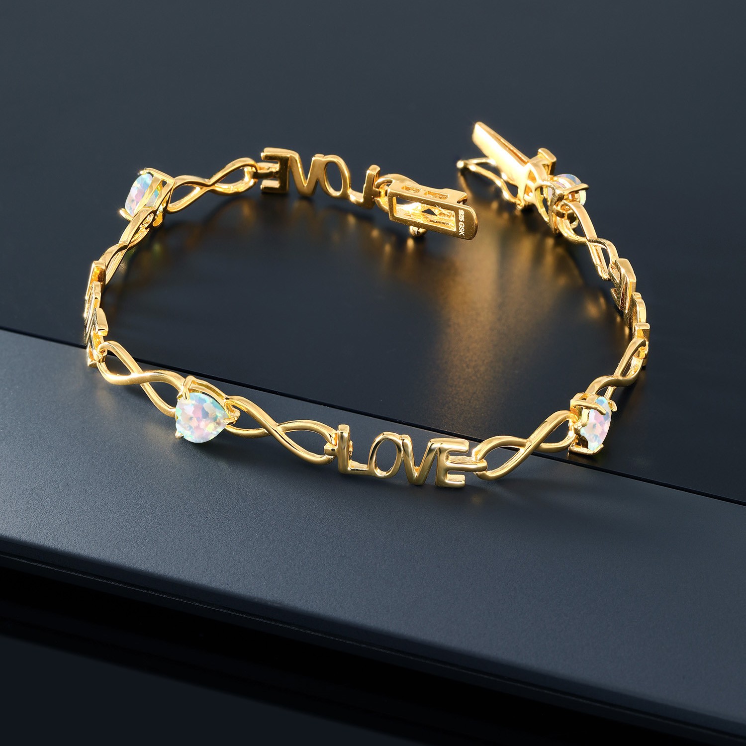 Heart Shape Simulated Opal 18K Yellow Gold Plated Silver Infinity Love Bracelet