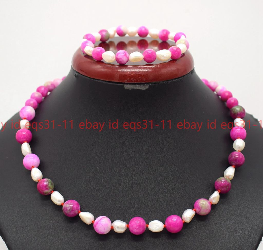 10mm Peach Blossom Jade White Baroque Pearl Necklace 18-36” Bracelet 7.5” Set