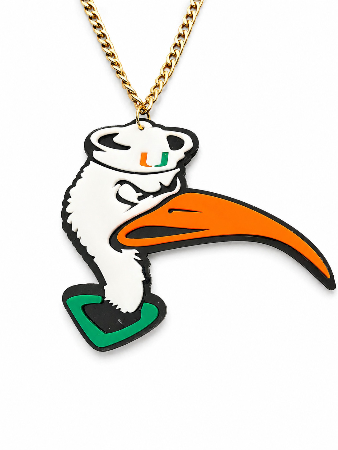 Miami Hurricanes Ibis Acrylic Fan Chain Necklace Gold Chain Orange Green Pendant