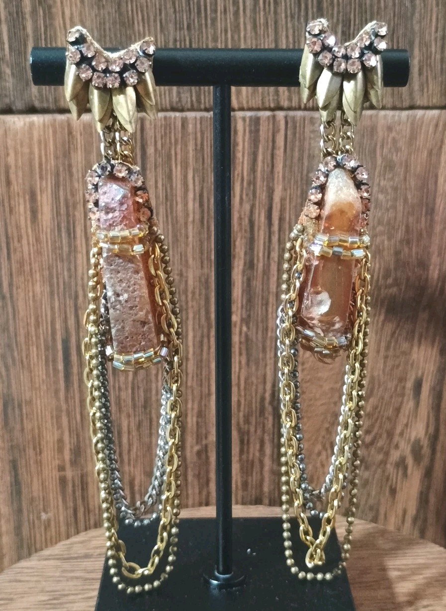 Deepa Gurnani AB Crystal Pink Rhinestone Gold Silver Tone Chain Earrings