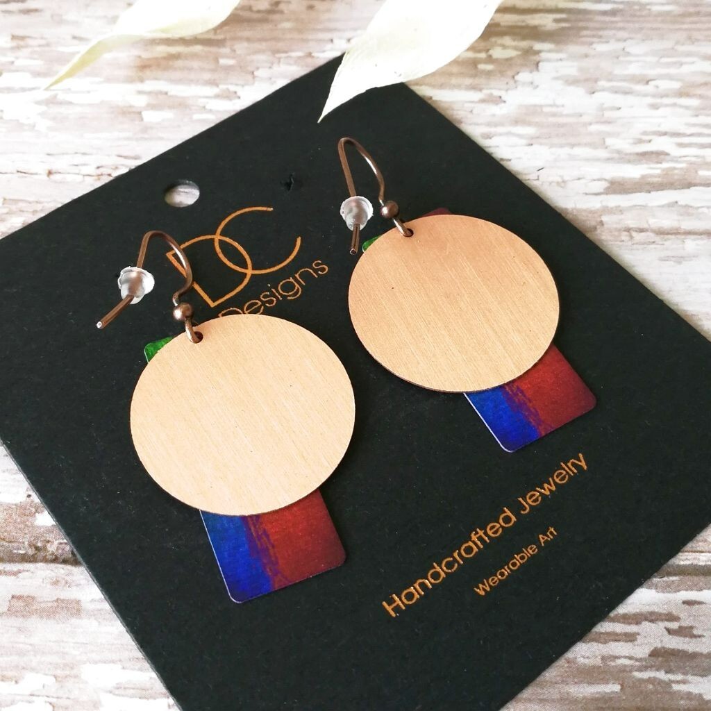 DC Designs Red Column on Copper Round Disc Abstract Art Earrings 6AE Unique Gift