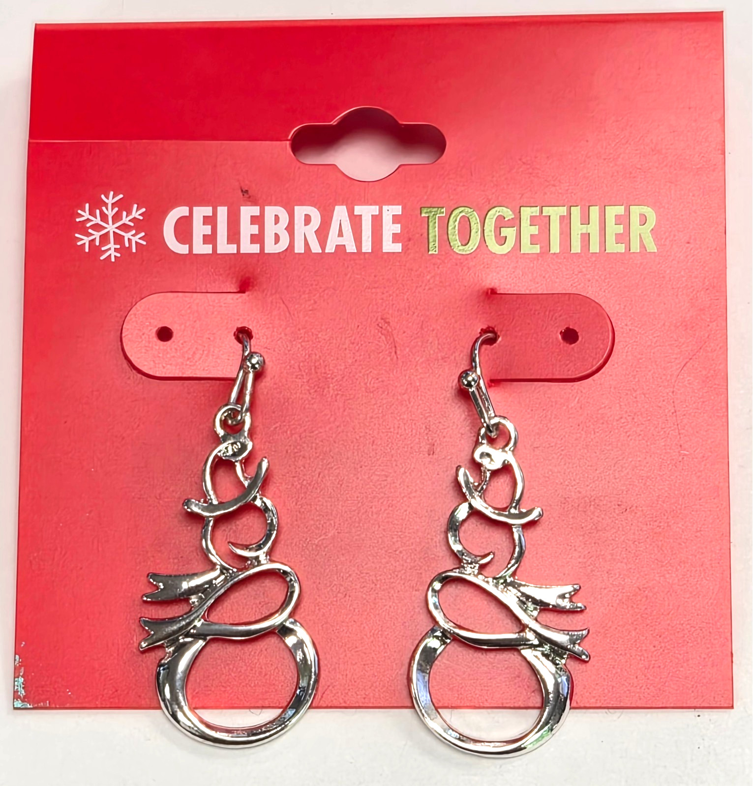 Estate Holiday ” Ribbon Snowman ” Silver Tone Christmas Pierced Dangle Earrings