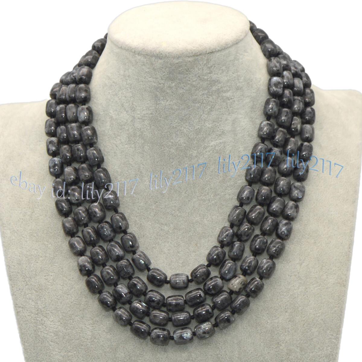4 Rows 9x11mm Natural Black Gray Labradorite Gems Barrel Beads Necklace 17-20”