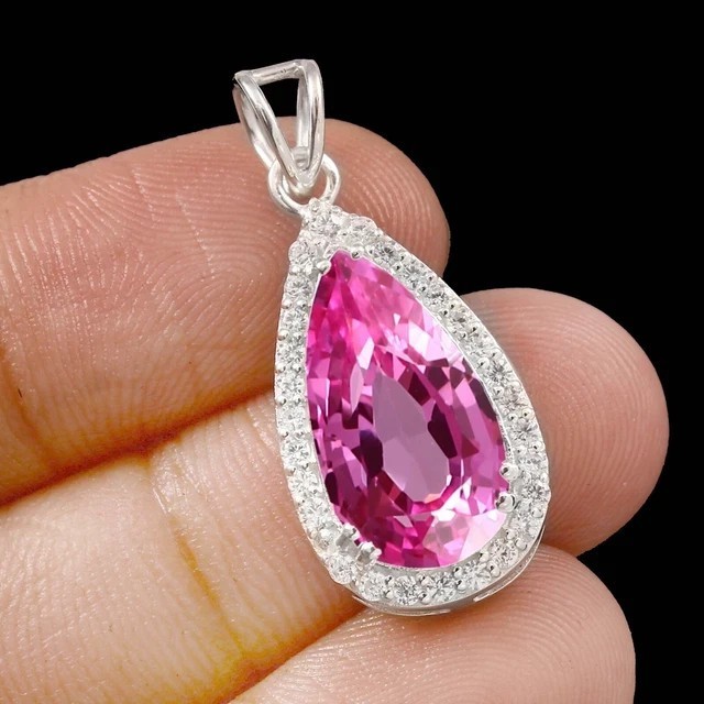 Pear Cut Simulated Pink Sapphire Teardrop Pendant Chain In 14k White Gold Plated