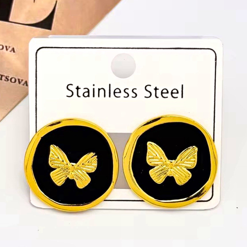Stainless Steel Round Stud Earrings, Black/Gold Tone, Butterfly Back, Lobe