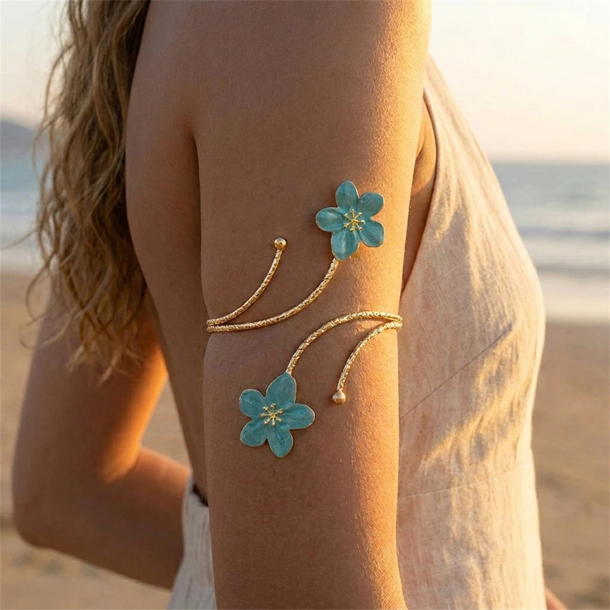 Women’s Boho Metal Flower Upper Arm Bracelet Vintage Punk Spiral Armlet Jewelry